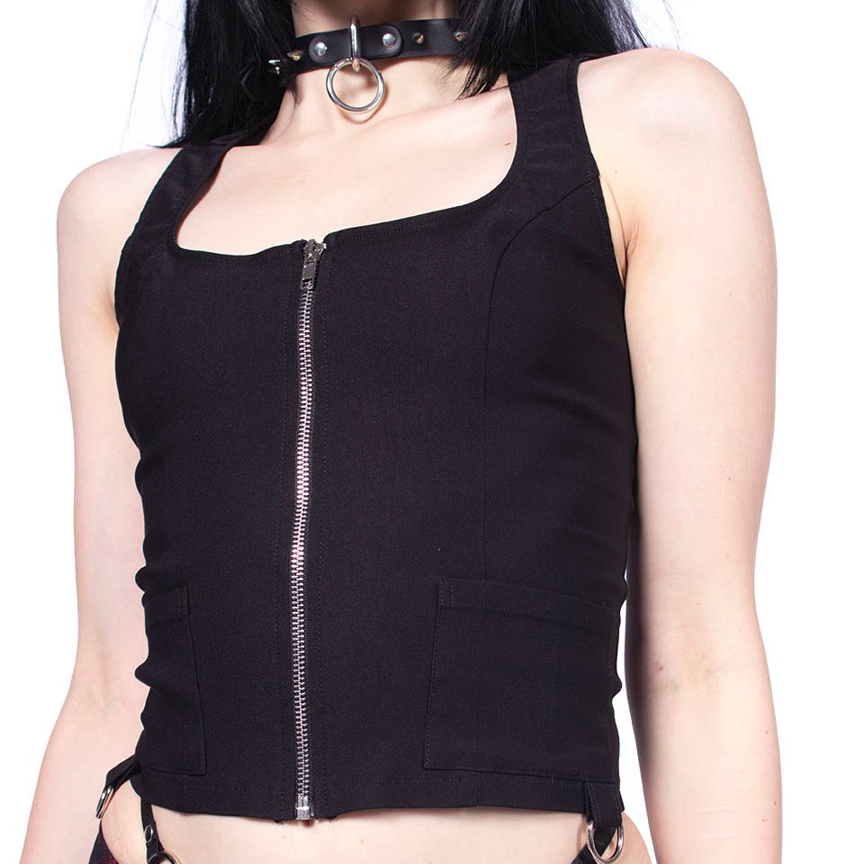 Lip Service LS-245 punk black corset top front close-up view showing metal D-rings and two patch pockets.