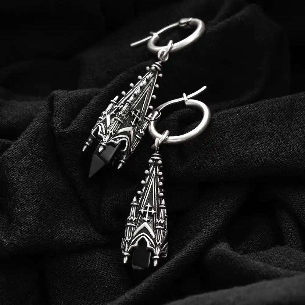 Restyle Midnight Totem alternative romantic gothic earrings with detailed architectural cathedral spires.