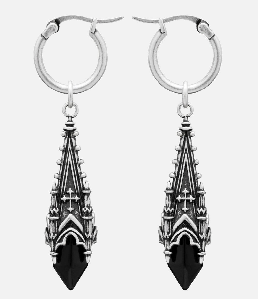 Restyle Midnight Totem silver gothic cathedral earrings front view with black glass crystal details.
