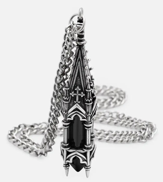 Restyle gothic cathedral tower pendant necklace with black glass crystal and detailed architectural gothic window tracery.
