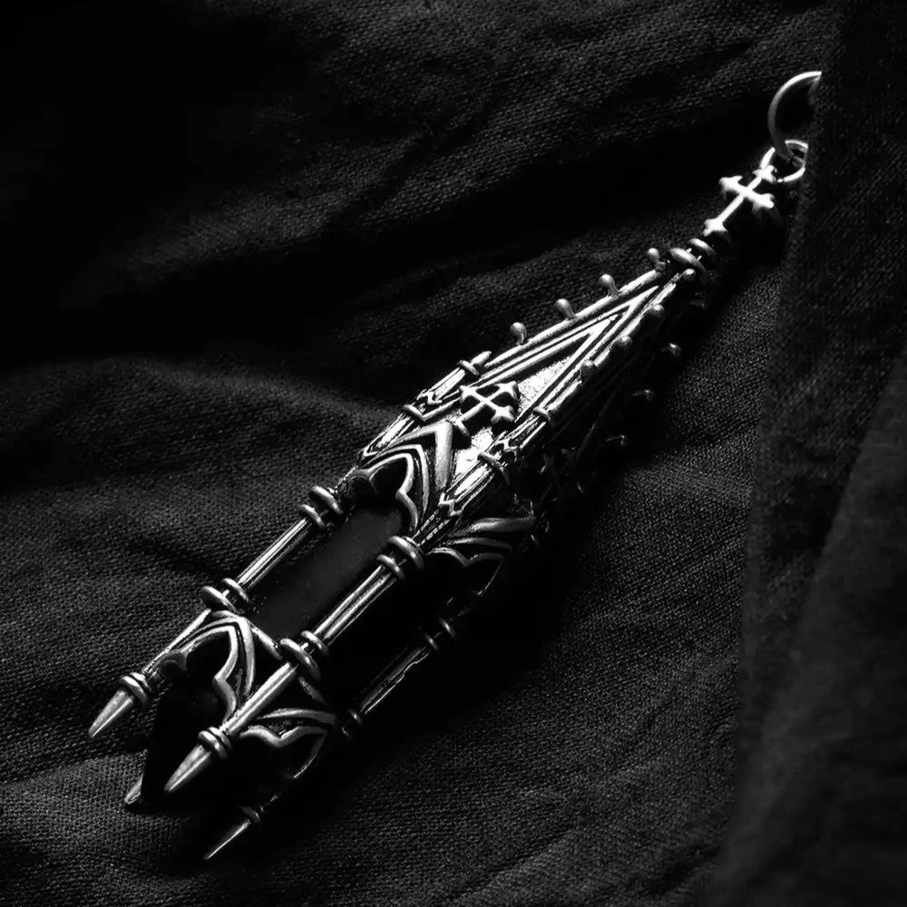 Restyle gothic cathedral tower pendant close-up view with detailed sterling silver spires and crosses.