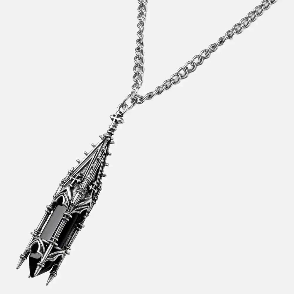 Restyle gothic cathedral tower pendant necklace with black glass crystal and sterling silver tracery.
