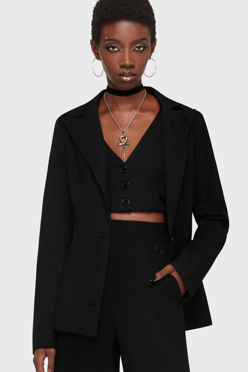 Kihilist Oblivienne punk style black blazer showing an unbuttoned front view with prominent sharp lapels.