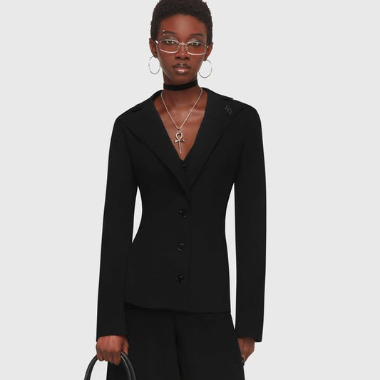 Kihilist Oblivienne corporate goth black blazer showing a front view with sharp lapels and a three-button closure.