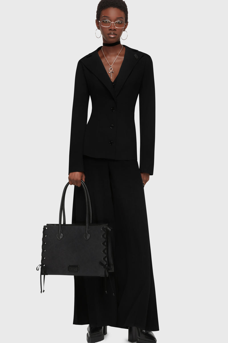 Kihilist Oblivienne corporate goth black blazer showing a full-length view with a fitted hip-length cut.