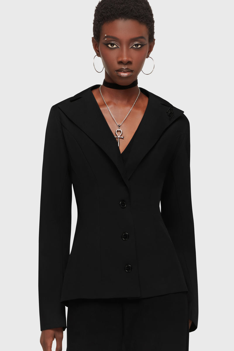Kihilist Oblivienne alternative style black blazer showing a front view in a premium mid-weight woven fabric.