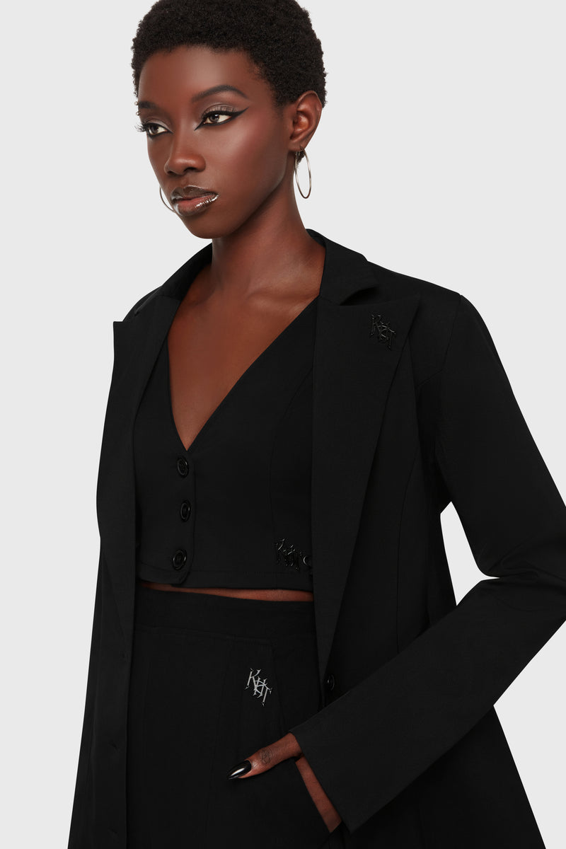 Kihilist Oblivienne dark academia black blazer showing an open front view with a matching vest and trousers.