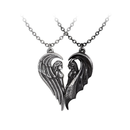 Alchemy Gothic pewter angel and demon couples puzzle necklace. Dark gothic friendship jewelry, P1009 closeup.