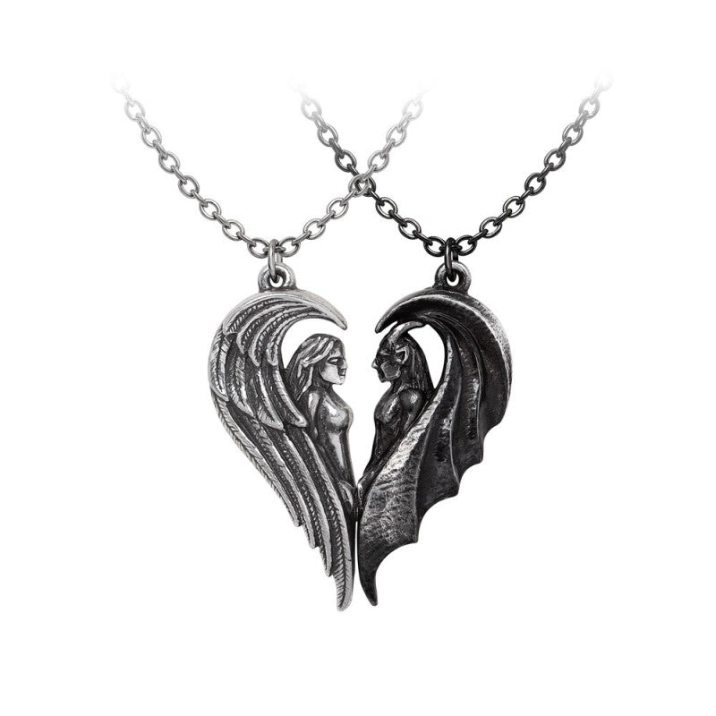 Alchemy Gothic pewter angel and demon couples puzzle necklace. Dark gothic friendship jewelry, P1009 closeup.