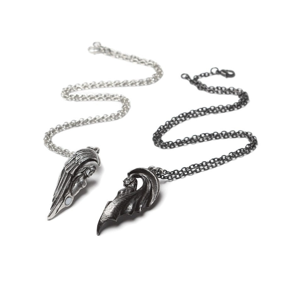 English pewter Alchemy Gothic angel demon connection necklace set. Mythical gothic style, P1009 lying flat view.
