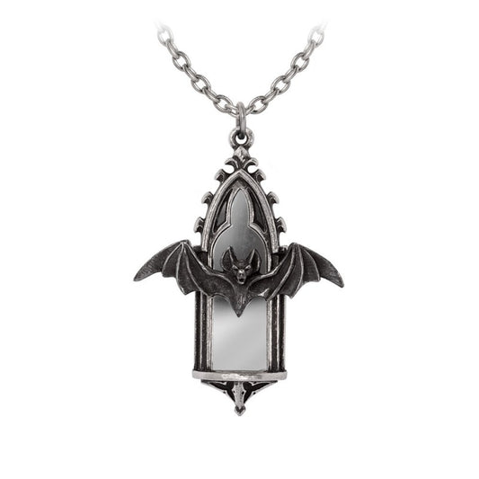 Alchemy Gothic P1010 silver Call of the Undead necklace close-up view with a mirror inlay and bat cathedral design.