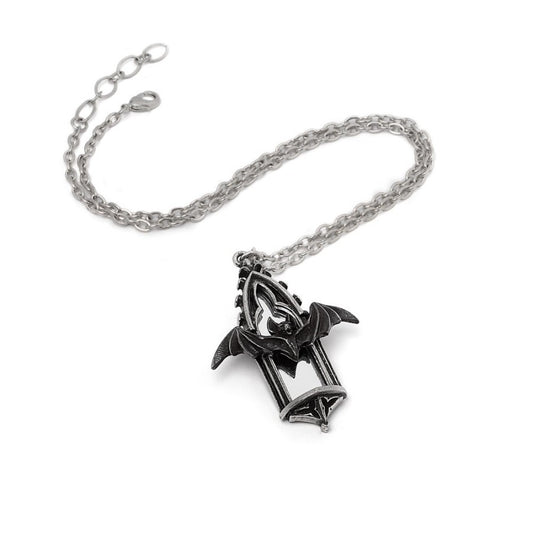 Alchemy England P1010 silver Call of the Undead necklace front view lying flat showing the gothic bat pendant and chain.