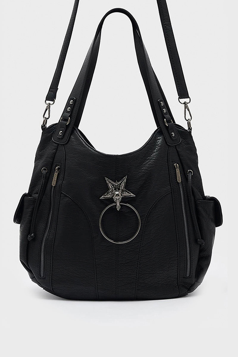 Killstar prince of beasts gothic handbag in black faux leather showing front view with Baphomet ornament and O-ring.