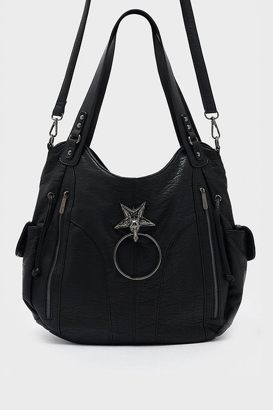 Killstar prince of beasts gothic handbag in black faux leather showing front view with Baphomet ornament and O-ring.