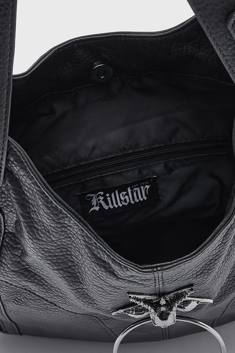 Killstar prince of beasts gothic handbag in black faux leather showing open top view with zippered pocket and magnet closure.