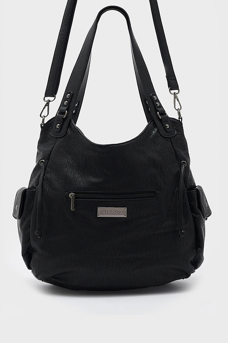 Killstar prince of beasts gothic handbag in black faux leather showing back view with side pockets and zippered pocket.