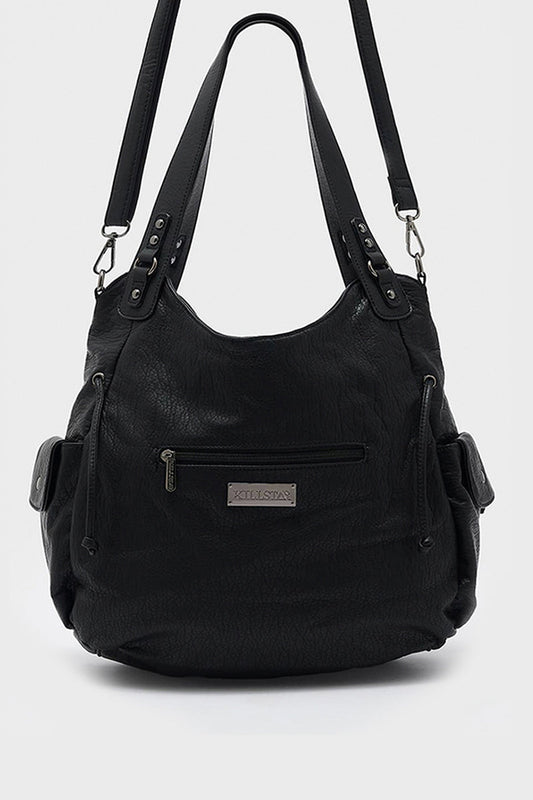Killstar prince of beasts gothic handbag in black faux leather showing back view with side pockets and zippered pocket.