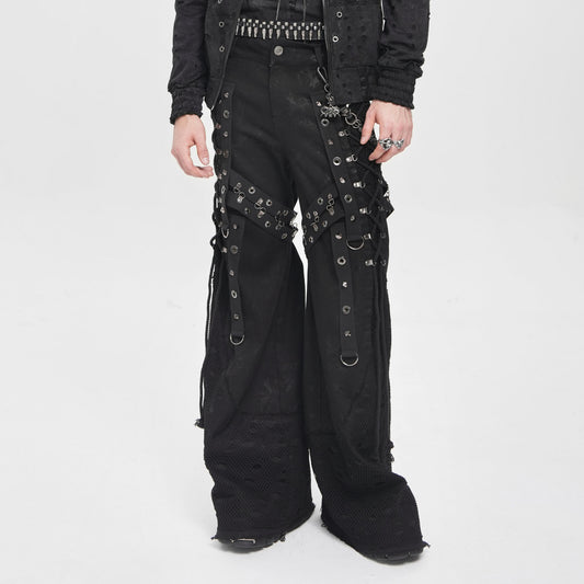 Devil Fashion PT289 mens black gothic pants with wide flared legs, mesh inserts, leg lacing, straps and studs.