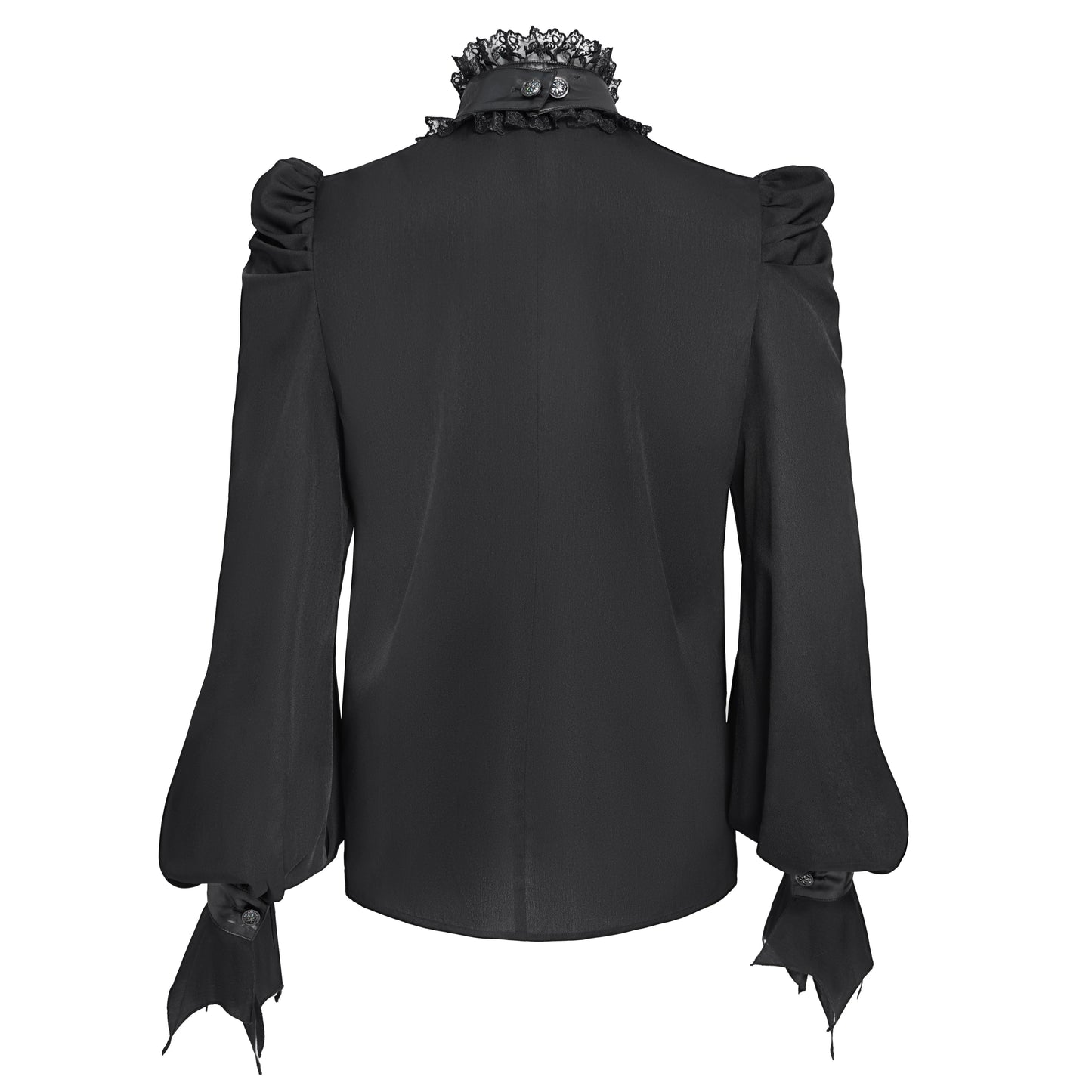 Devil Fashion SHT132 black romantic gothic shirt back view with adjustable batwing jabot collar closure.