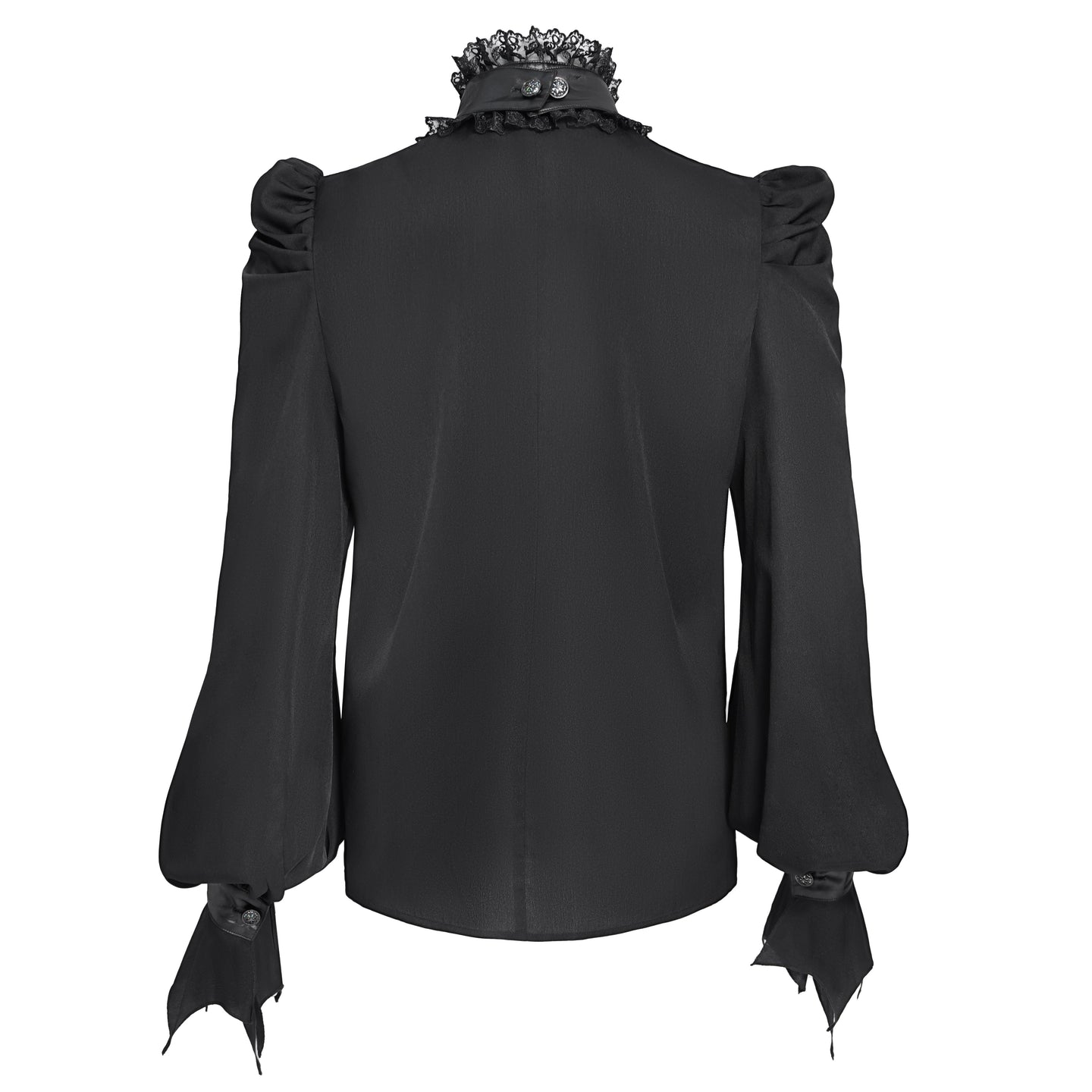 Devil Fashion SHT132 black romantic gothic shirt back view with adjustable batwing jabot collar closure.