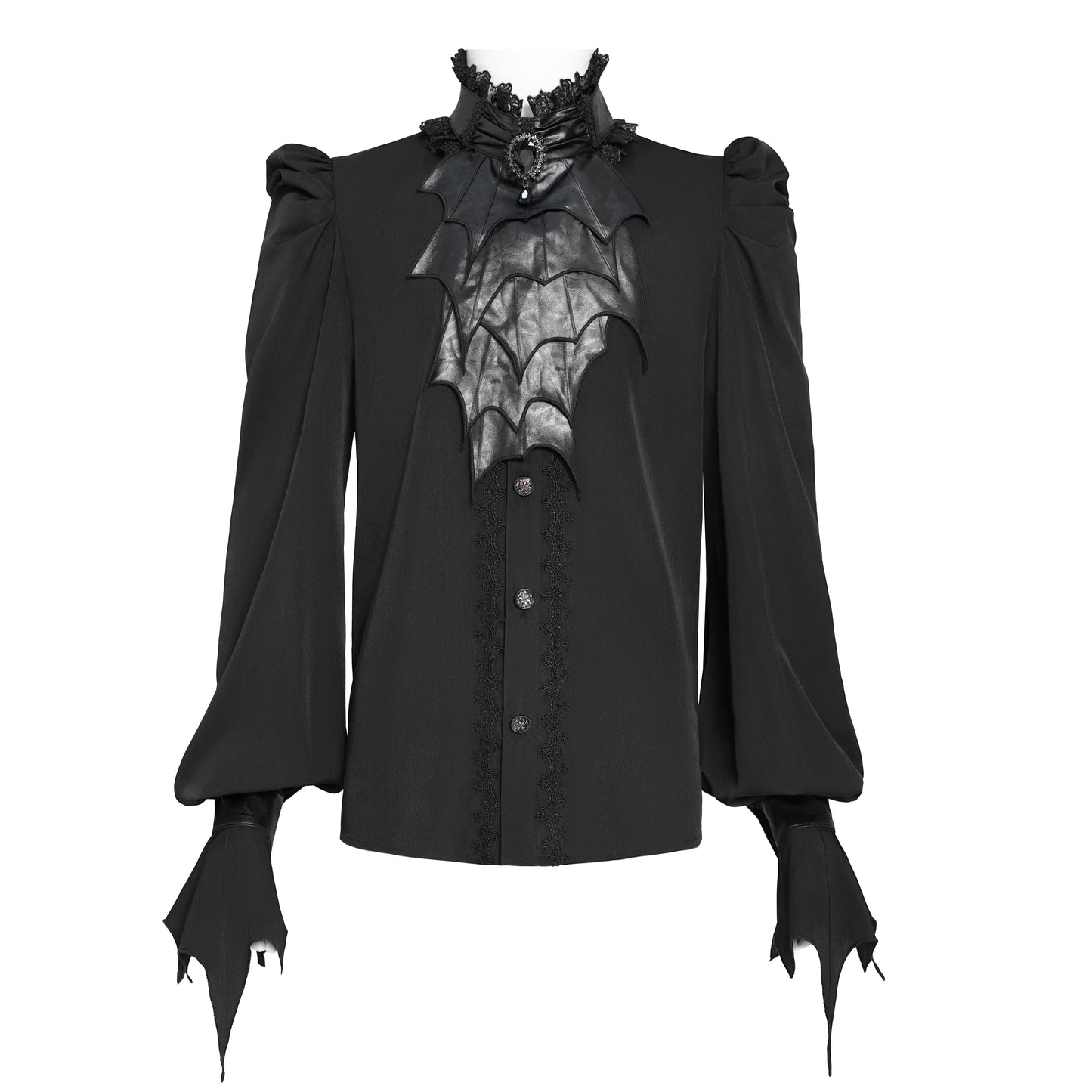 Devil Fashion SHT132 black romantic gothic shirt front view with ruffled stand up collar and lace trimmed buttons.