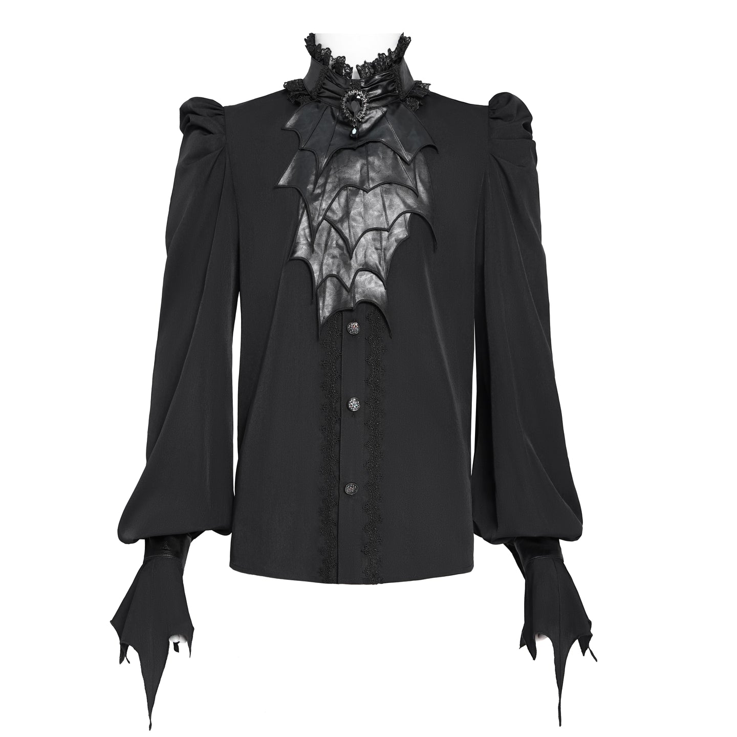 Devil Fashion SHT132 black romantic gothic shirt front view with ruffled stand up collar and lace trimmed buttons.