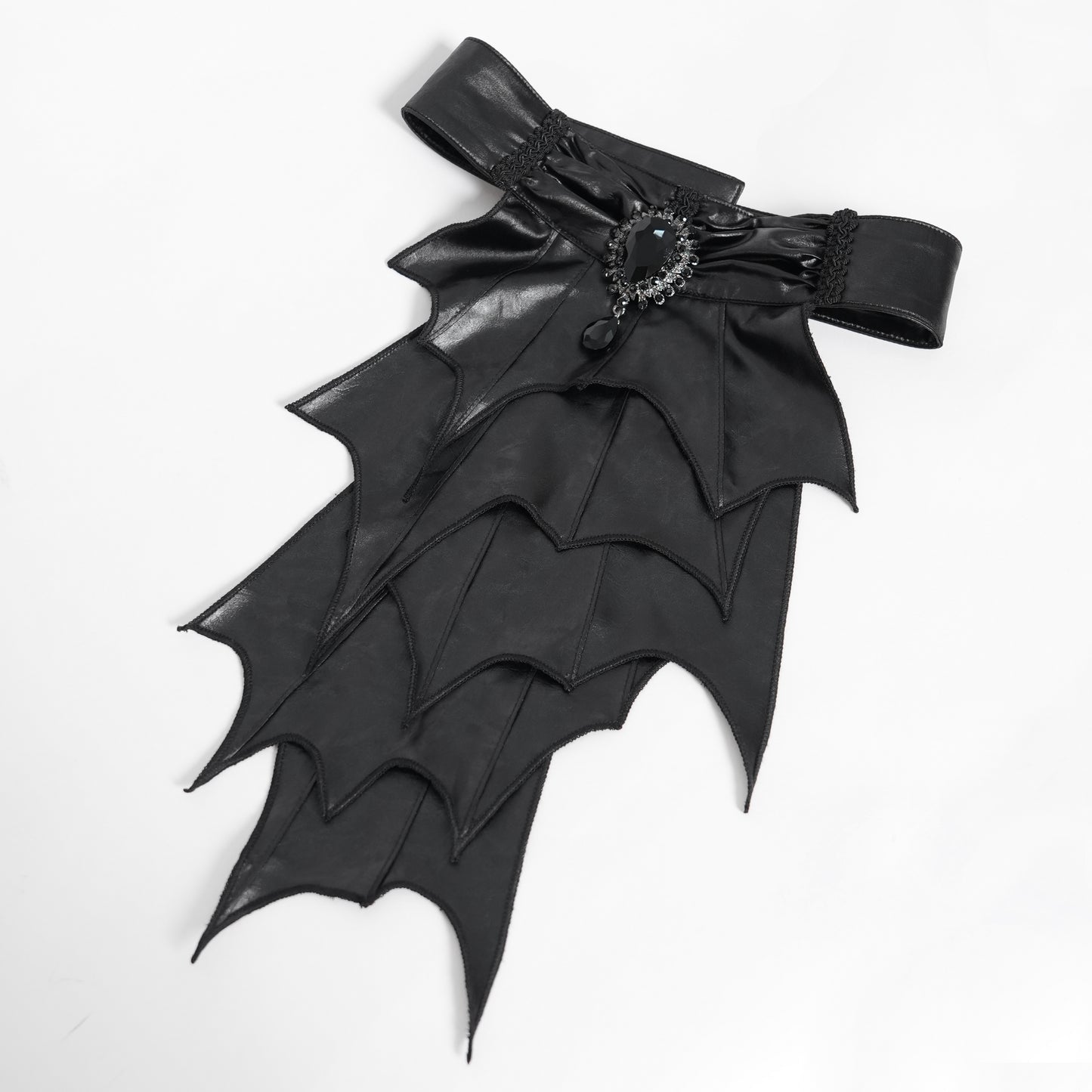 Devil Fashion SHT132 black gothic faux leather jabot with batwing panels, pleated details and crystal brooch.