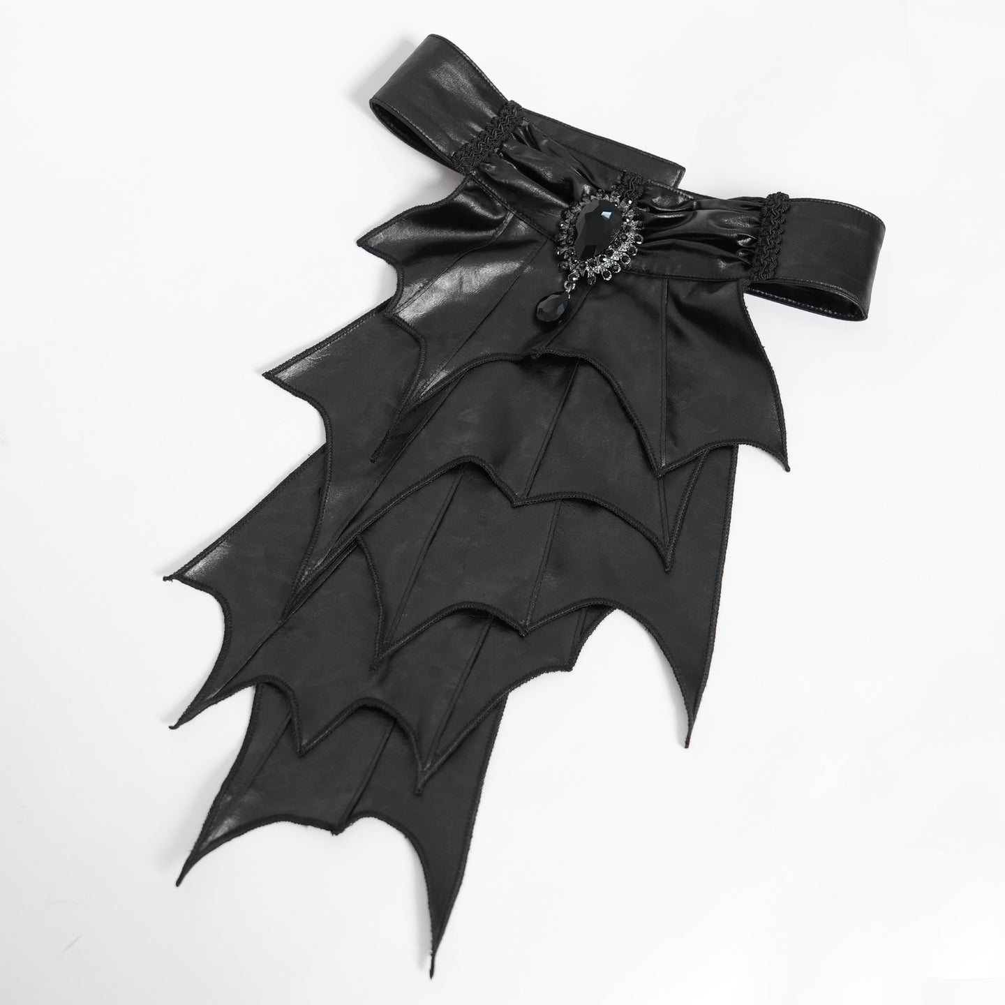 Devil Fashion SHT132 black gothic faux leather jabot with batwing panels, pleated details and crystal brooch.