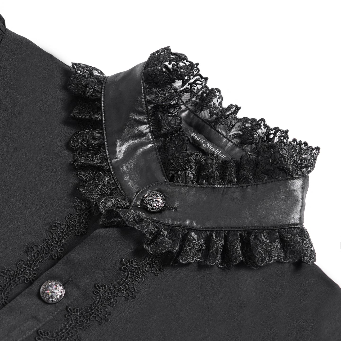 Devil Fashion SHT132 black romantic gothic shirt front close-up view with ruffled stand up collar.