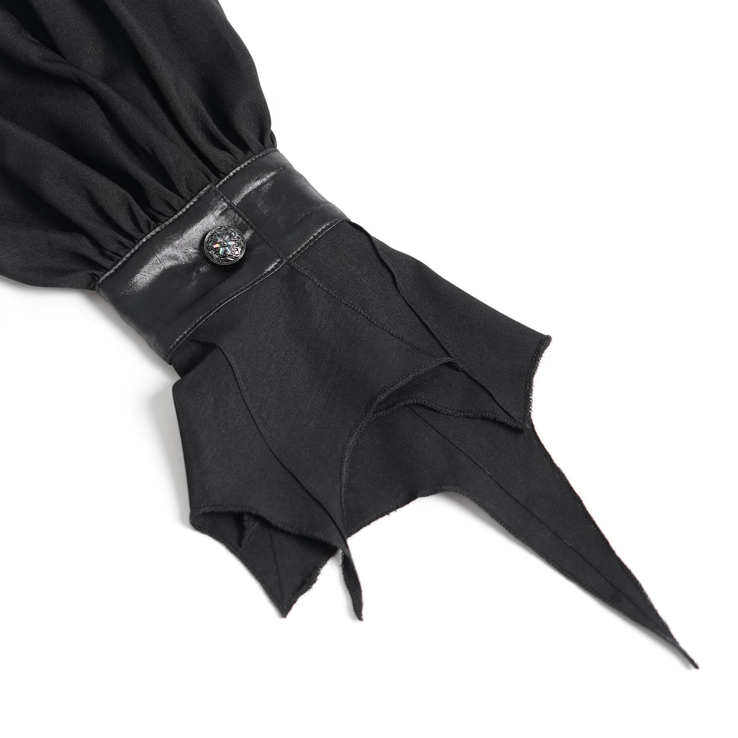 Devil Fashion SHT132 black romantic gothic shirt close-up view with batwing edge cuffs.