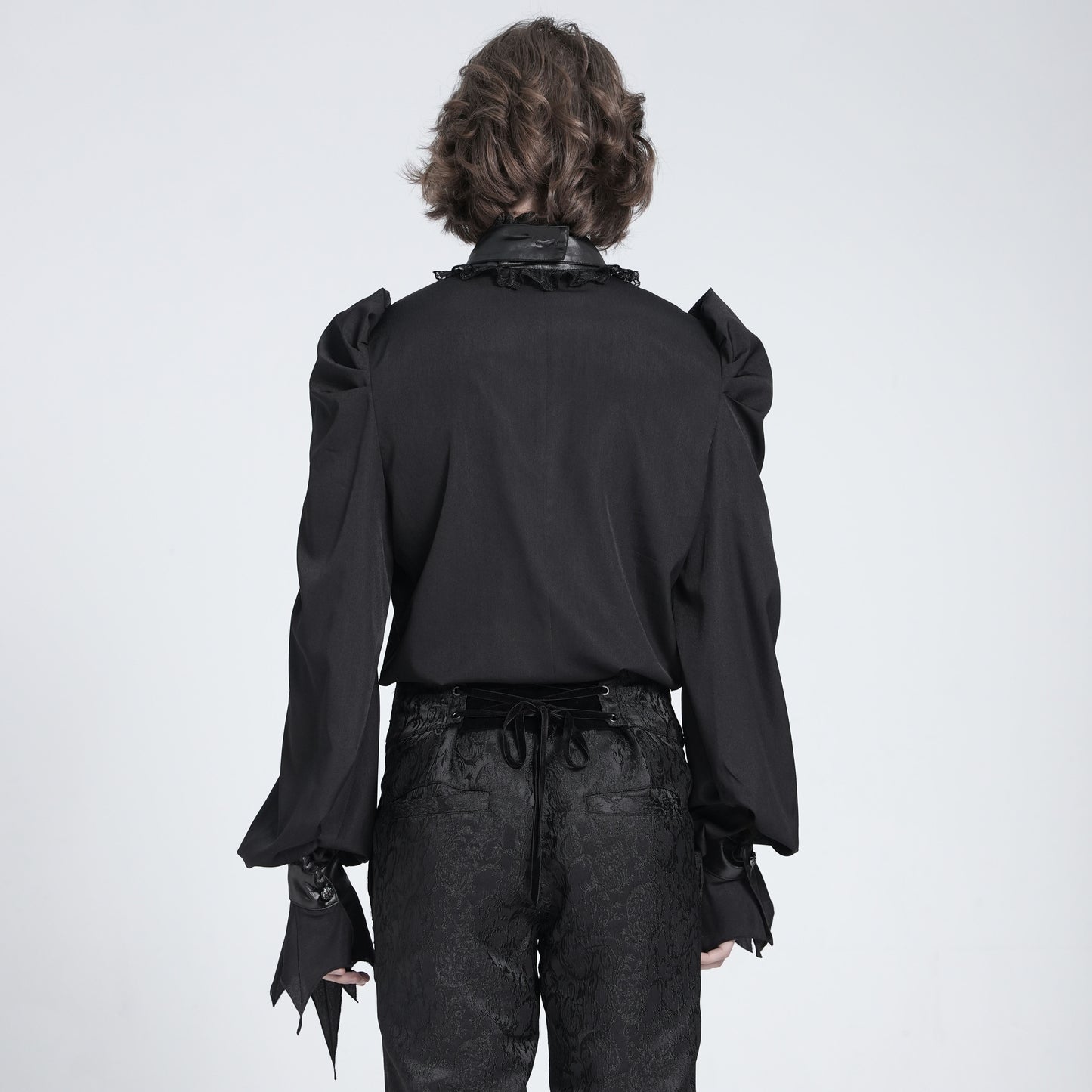 Devil Fashion SHT132 black romantic gothic shirt back view with voluminous poet sleeves.