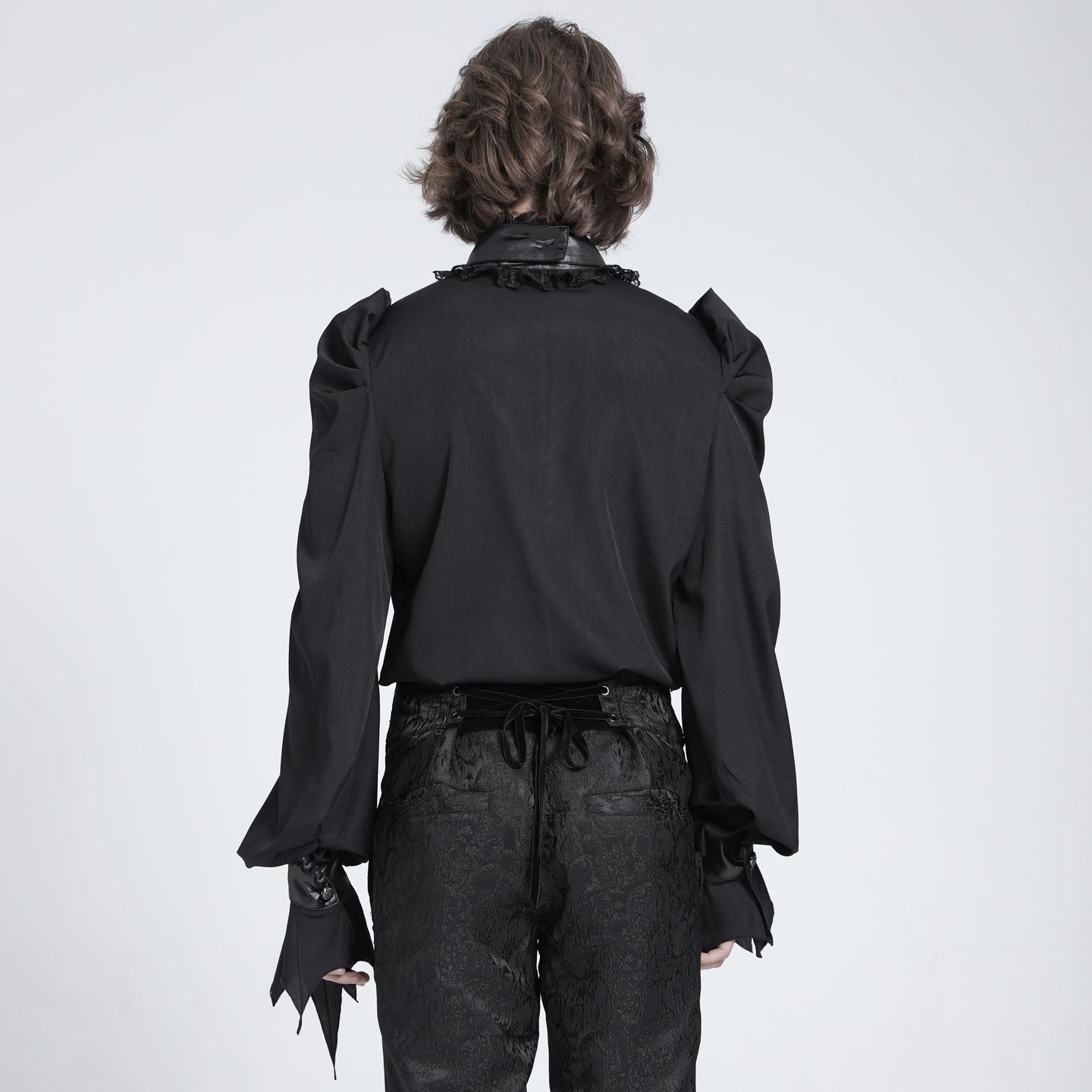 Devil Fashion SHT132 black romantic gothic shirt back view with voluminous poet sleeves.