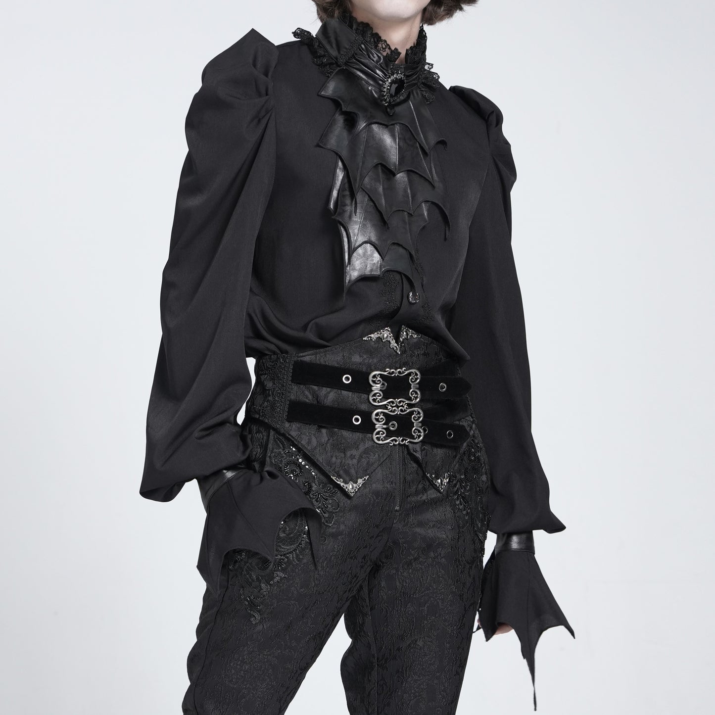 Devil Fashion SHT132 black romantic gothic shirt front view with poet sleeves and crystal brooch.