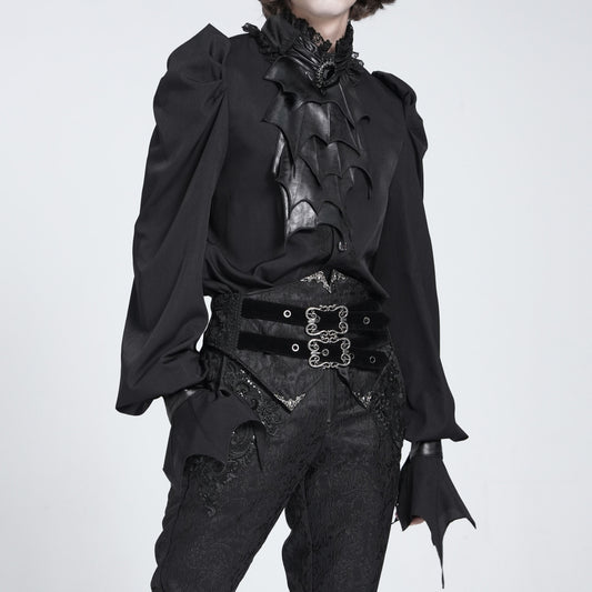 Devil Fashion SHT132 black romantic gothic shirt front view with poet sleeves and crystal brooch.
