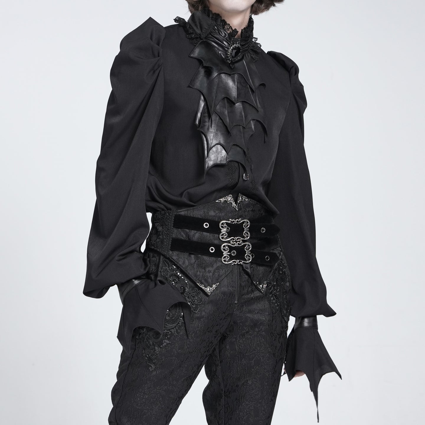 Devil Fashion SHT132 black romantic gothic shirt front view with poet sleeves and crystal brooch.