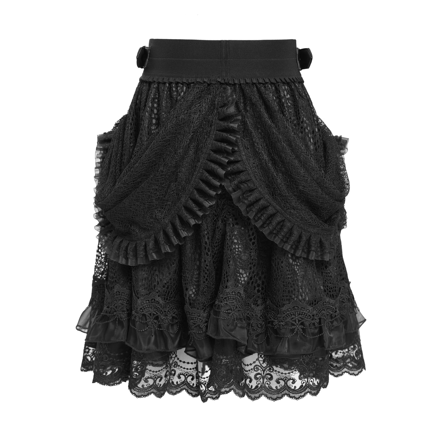 Devil Fashion SKT23901 black gothic lace skirt back view showing the layered pleated design.