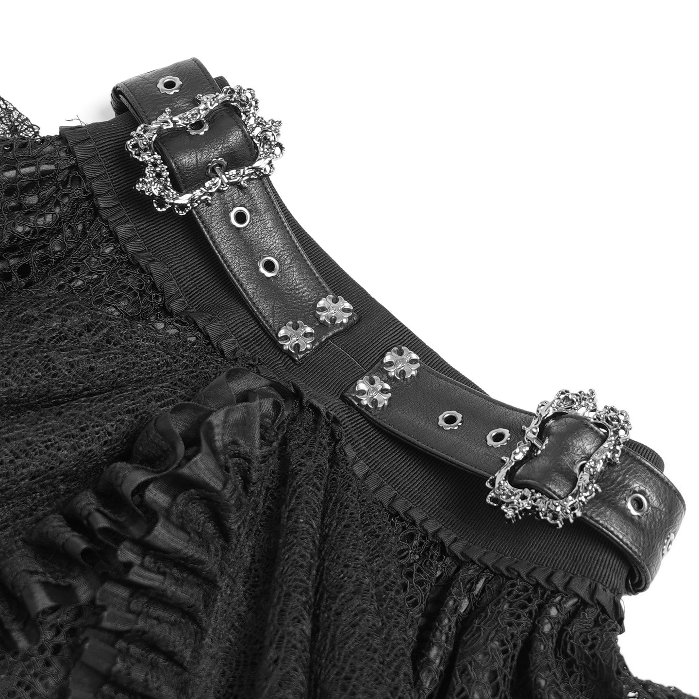 Devil Fashion SKT23901 black gothic lace skirt close-up view focusing on the decorative straps and metal buckles.