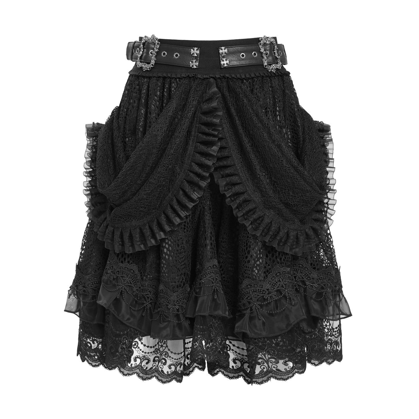 Devil Fashion SKT23901 black gothic short skirt front view featuring decorative faux leather straps and metal buckles.