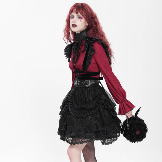 Devil Fashion SKT23901 black gothic asymmetric skirt side view on model showing layered pleated ruffles