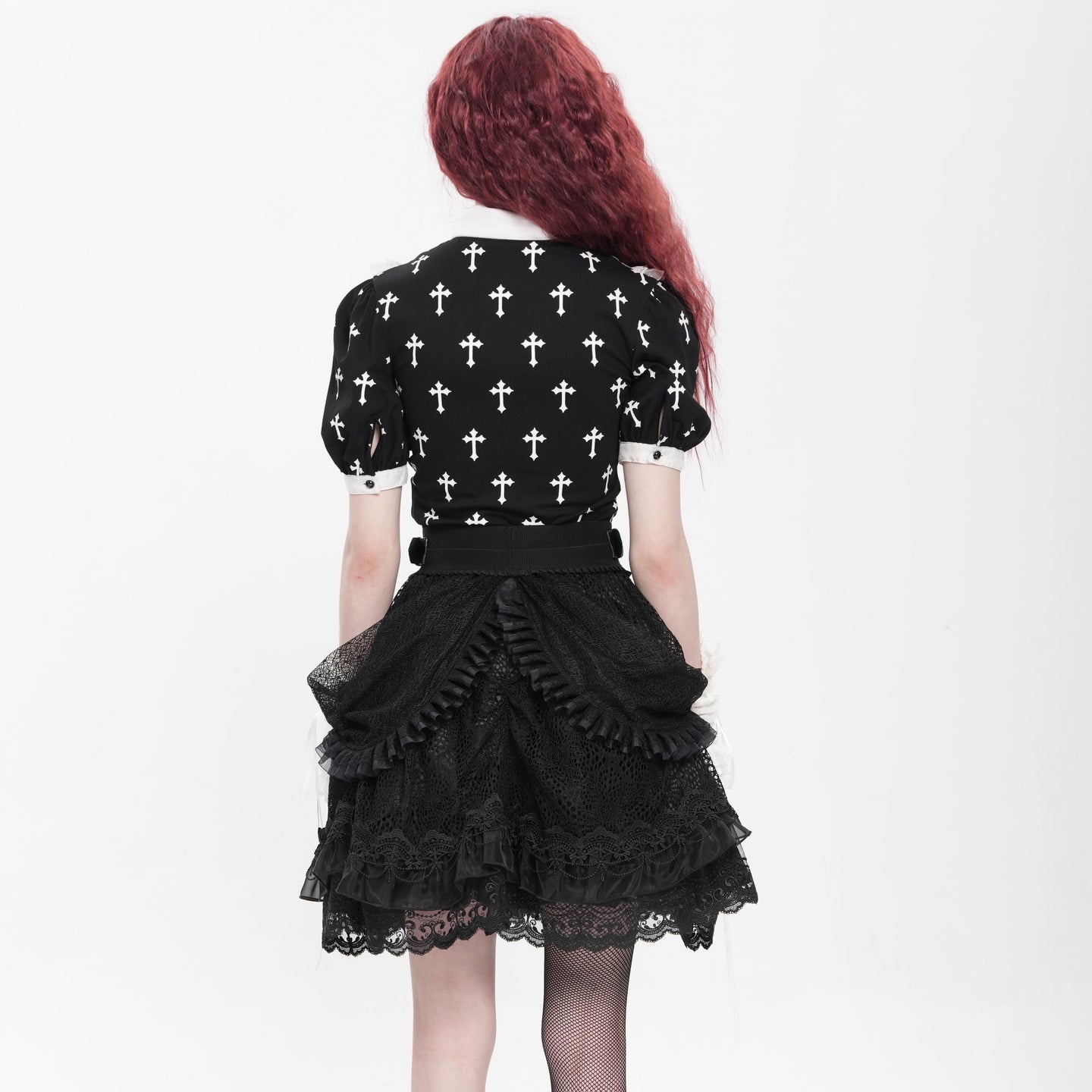 Devil Fashion SKT23901 black gothic short skirt back view with draped asymmetrical lace ruffles.