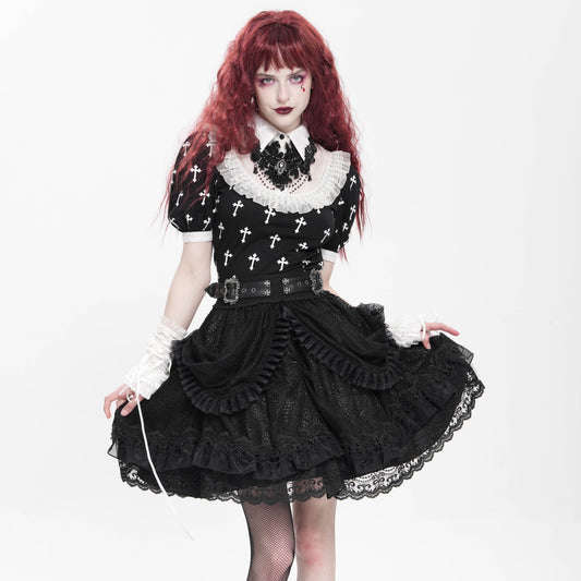 Devil Fashion SKT23901 black gothic short lace skirt front view with layered ruffles and decorative buckles.