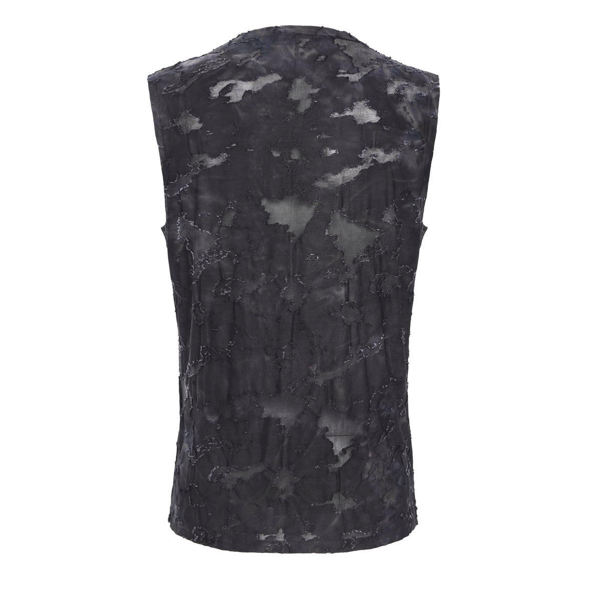 Devil Fashion TT292 back view of men's tanktop in black highlighting the distressed fabric texture.