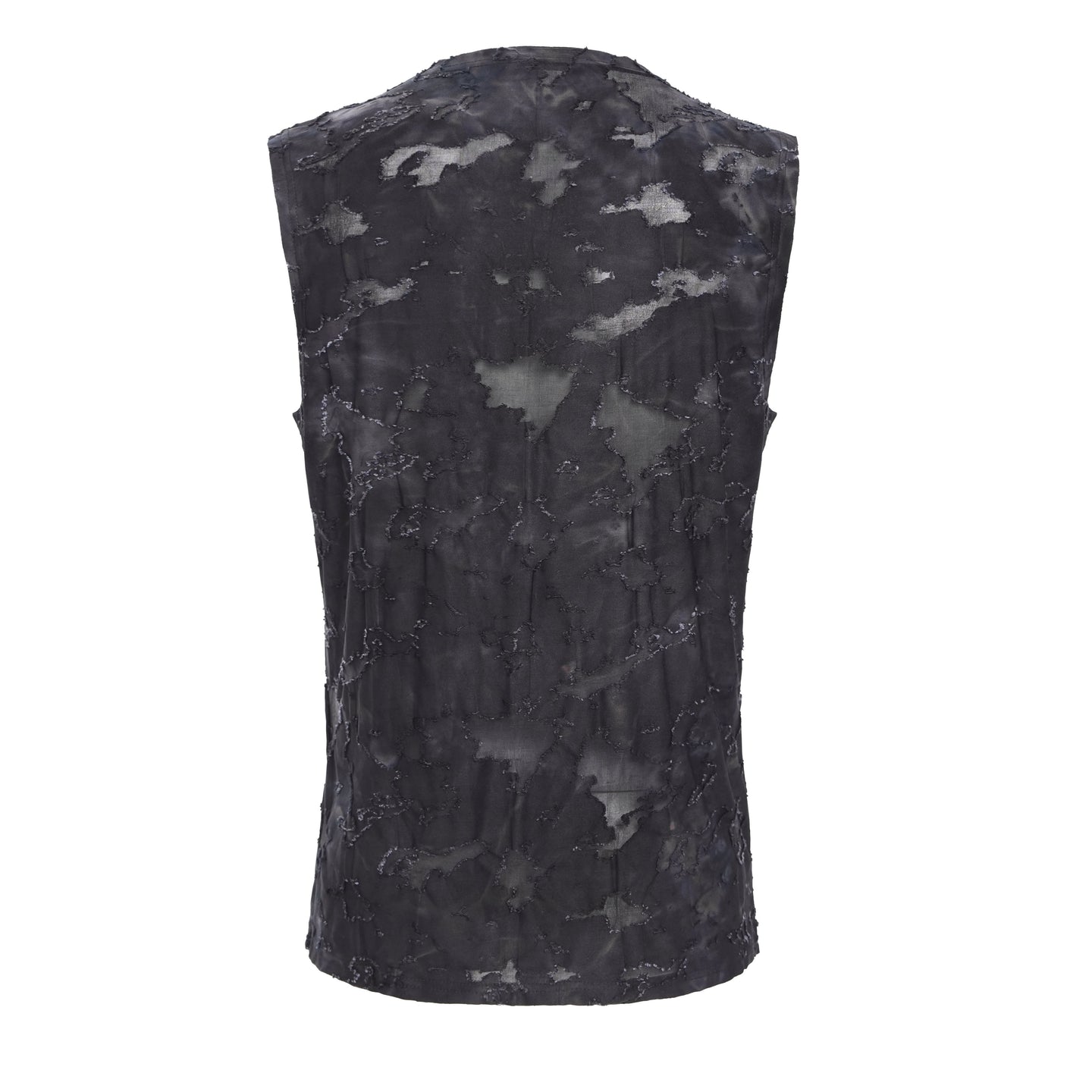 Devil Fashion TT292 back view of men's tanktop in black highlighting the distressed fabric texture.