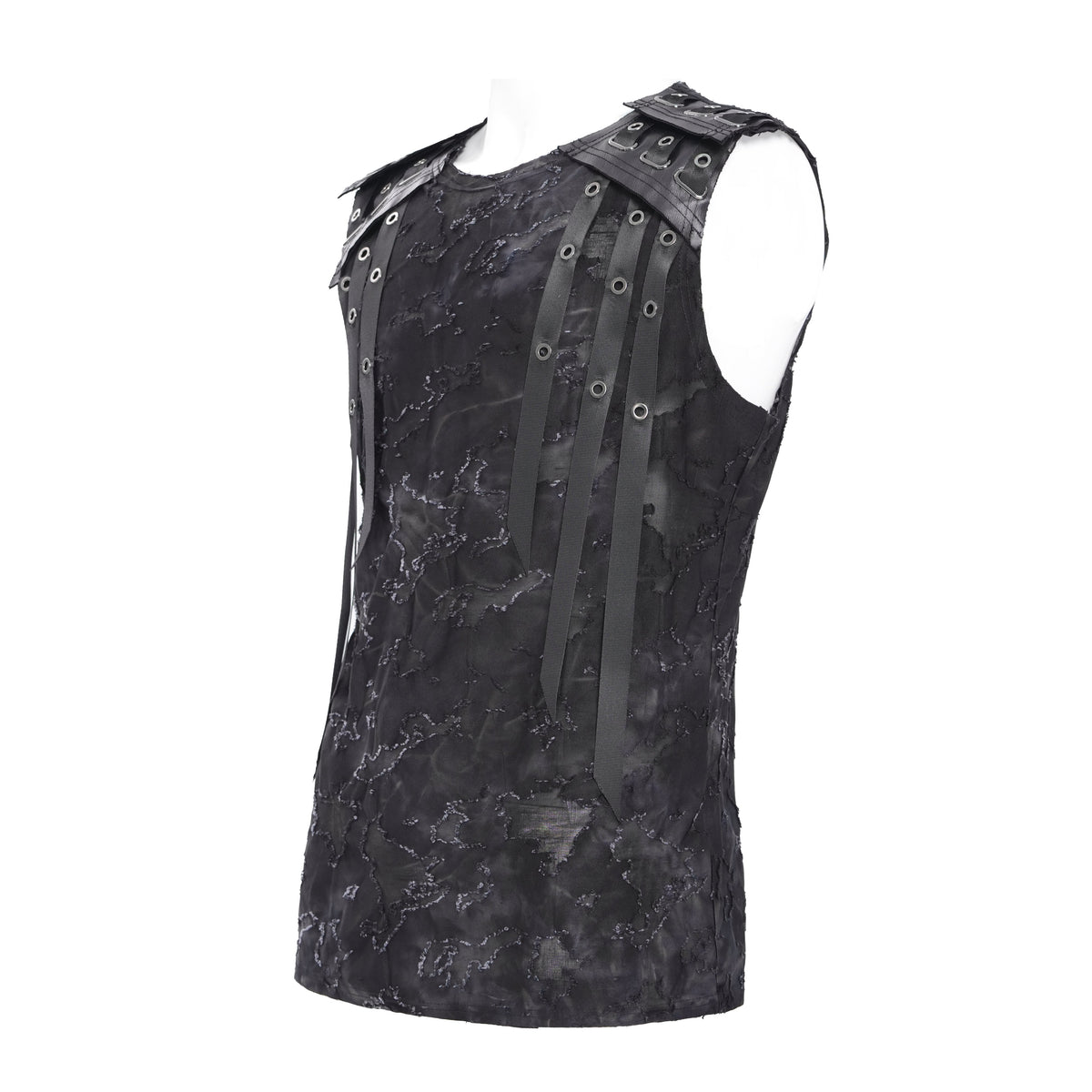 Devil Fashion TT292 side view of men's tanktop in black highlighting the shoulder straps with metal rings.