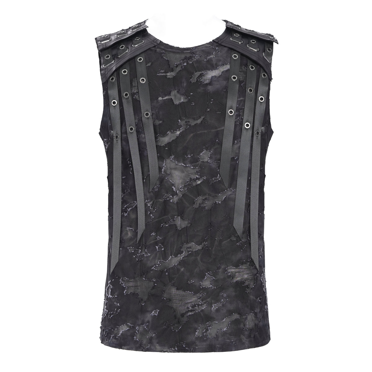 Devil Fashion TT292 men's tanktop in black front view showing the distressed fabric and round neck.