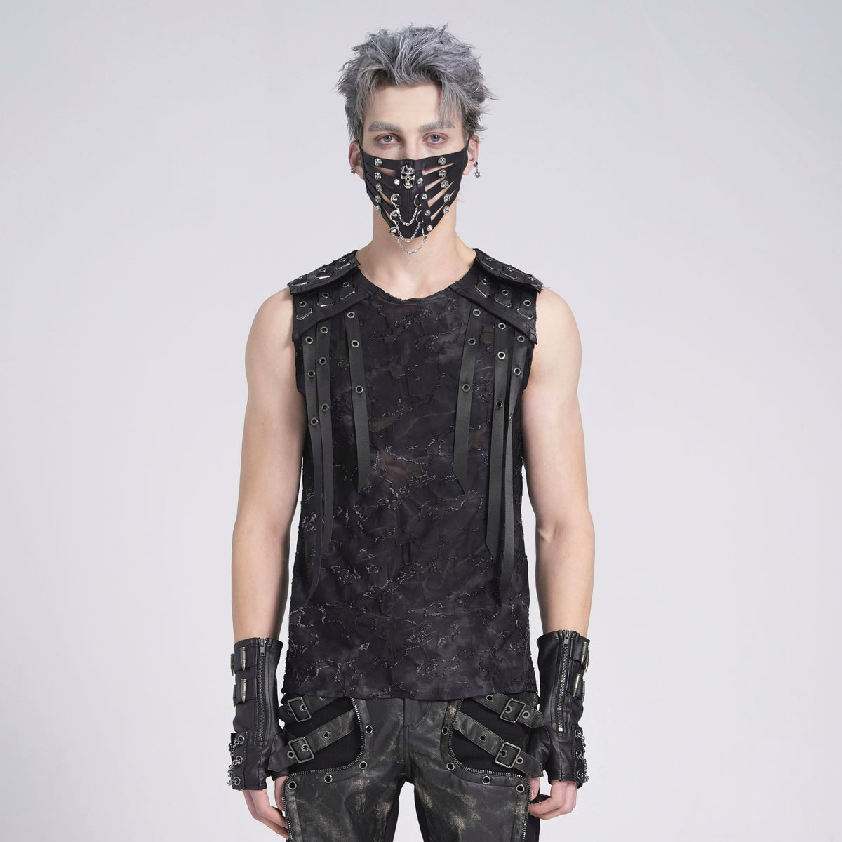 Devil Fashion TT292 distressed men's tanktop in black front view with straps styled in a full punk outfit.