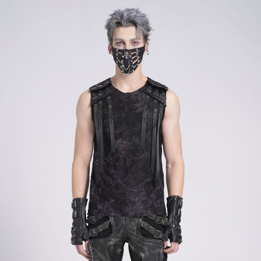 Devil Fashion TT292 distressed men's tanktop in black front view with straps styled in a full punk outfit.