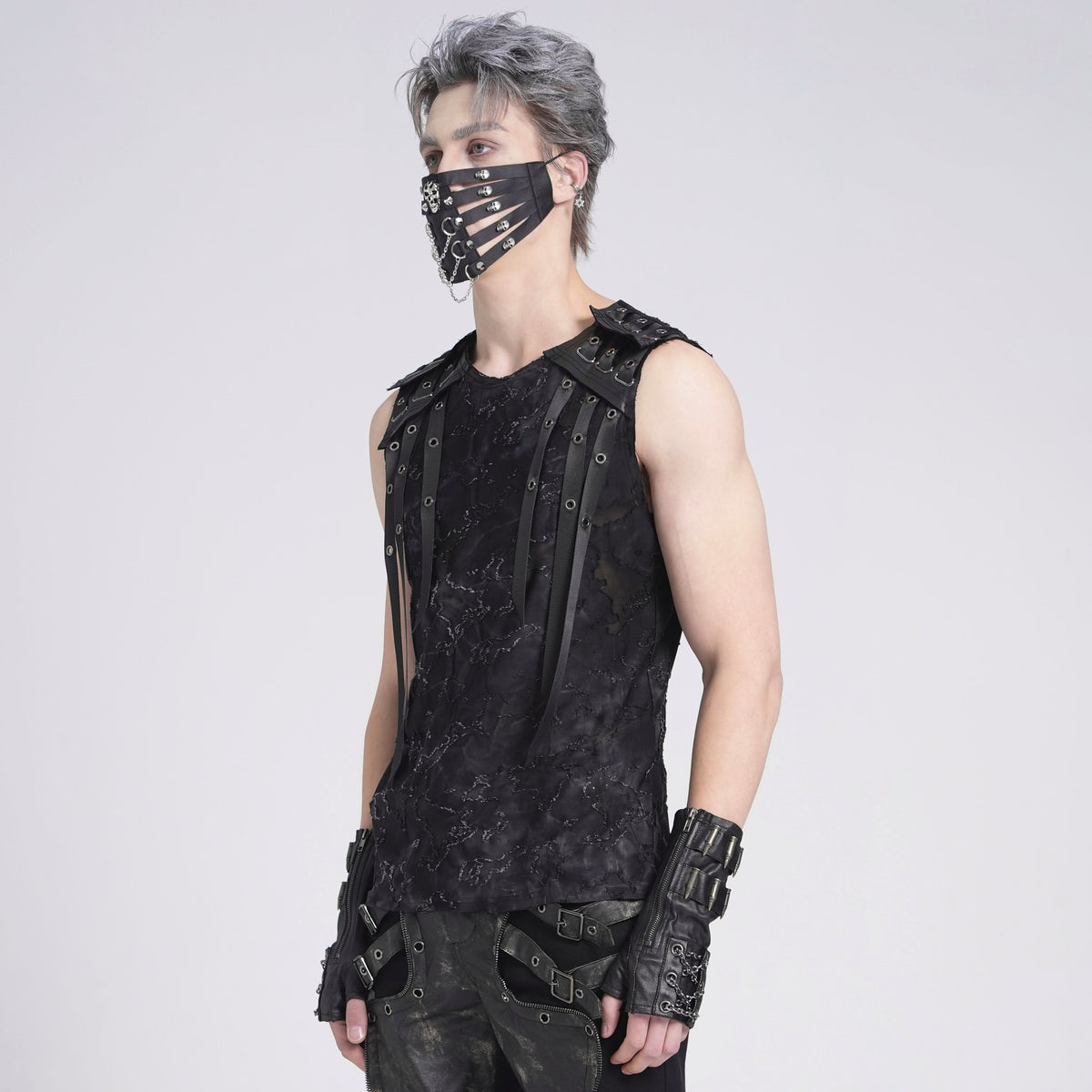 Devil Fashion TT292 distressed men's tanktop in black side view showing metal rings on the shoulder straps.