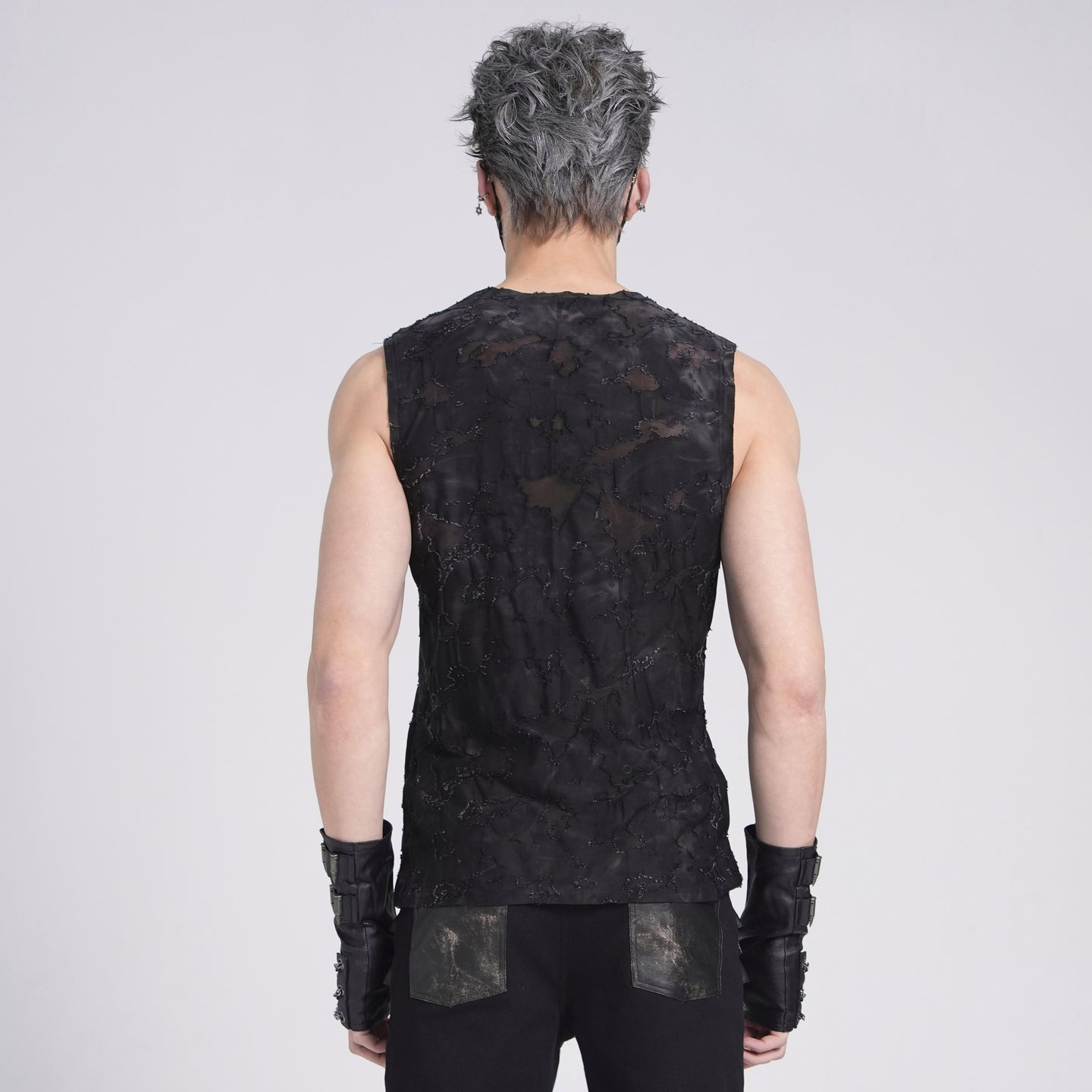 Devil Fashion TT292 back view of men's tanktop in black highlighting the slim fit.