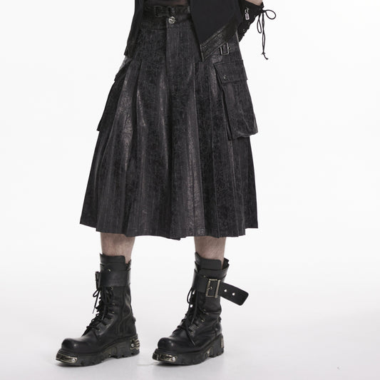 Punk Rave WK-804 men's kilt shorts in black pinstripe, side view showing a large functional side pocket.